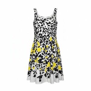 Nine West Fit Flare Dress 8 Yellow Black White Floral Leaf Sleeveless Feminine